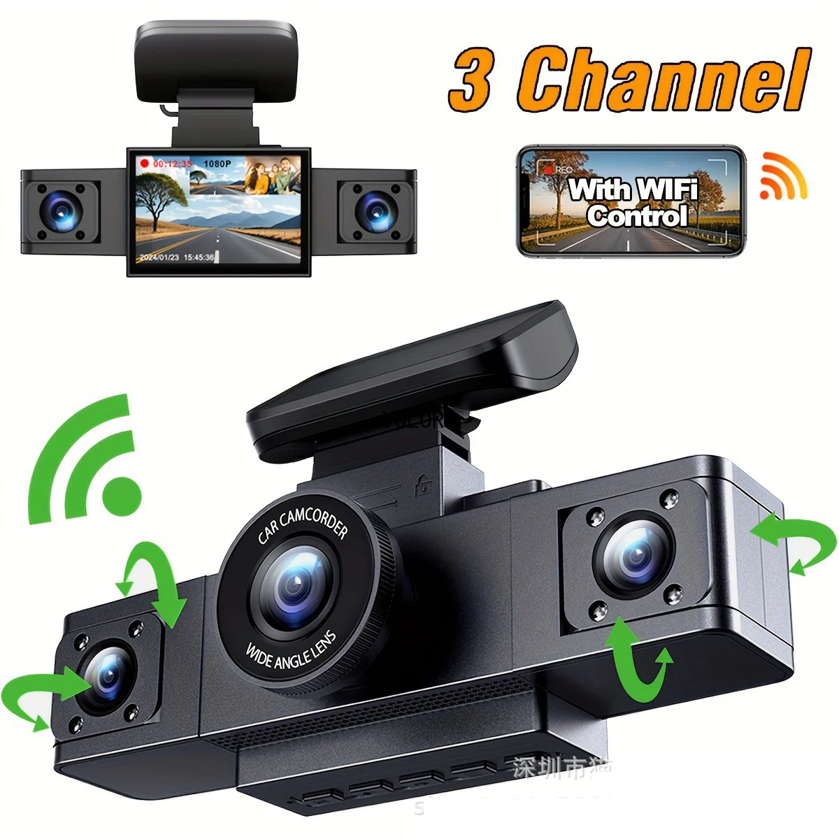

3 Channel WIFI Dash Cam Video Recorder Three Lens Car Camera with Rear View DVR Black Box Car Accessories