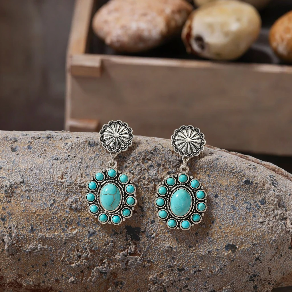 Pink Turquoise Earrings for Women Coral Western Dangle Earrings with Concho Stone - Turquoise Squash Blossom