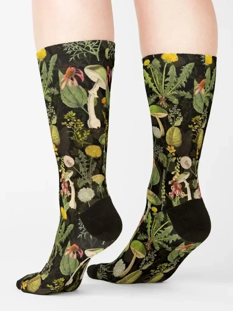 Vintage toxic mushrooms and wildflowers forest pattern on black Socks christmas stocking heated hiking Socks Girl Men's