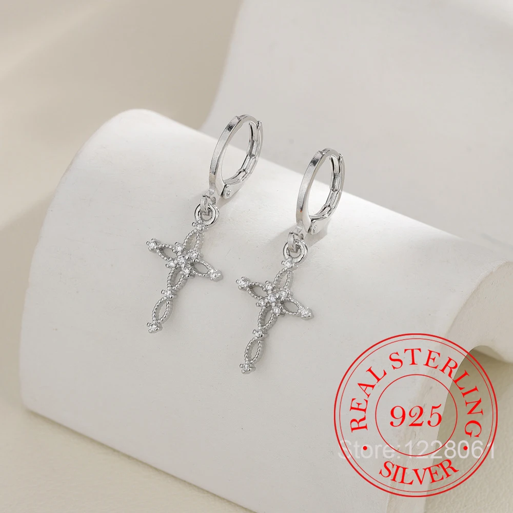 

925 Sterling Silver Jewelry Crystal Hollow Crystal Cross Hoop Earrings for Women Wedding Party Jewelry for Girls Friend Gift