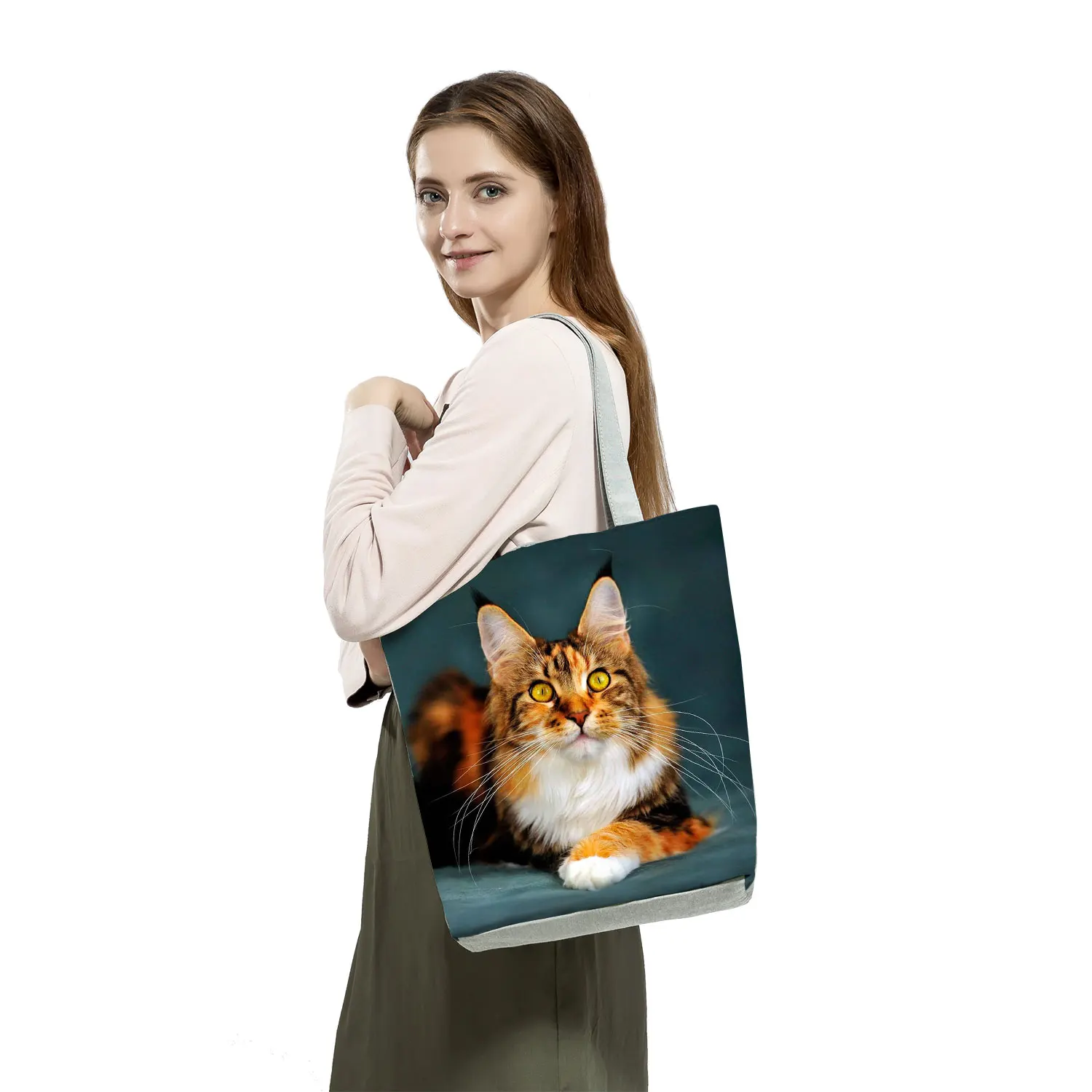 Maine Coon Cat Print Handbags Groceries Women Shopping Bags Cute Animal Graphic Large Capacity Shoulder Bags Female Office Totes