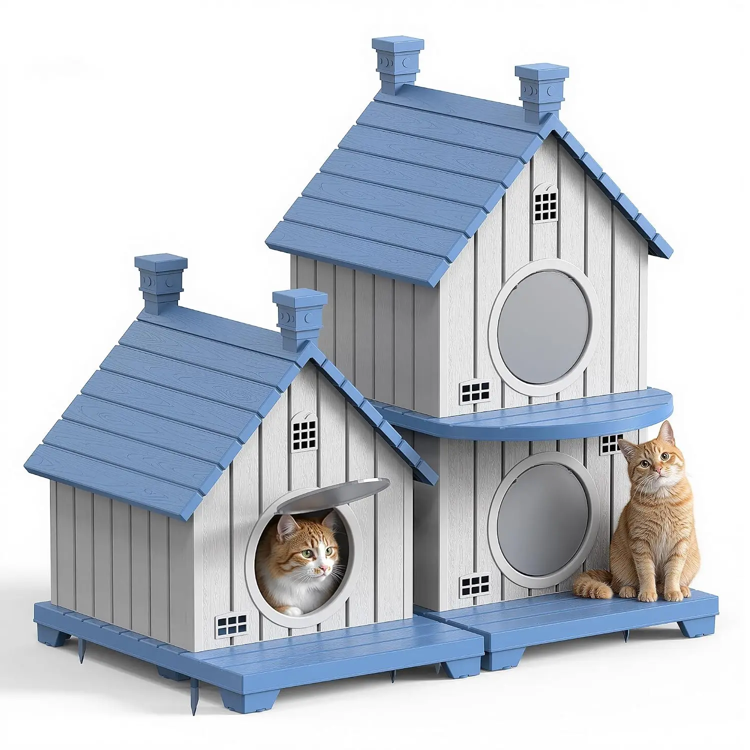 Durable Resin Multi-Story Cat House, Waterproof Ventilated UV Shelter, Indoor Outdoor Easy Clean Multi-Cat, Customized