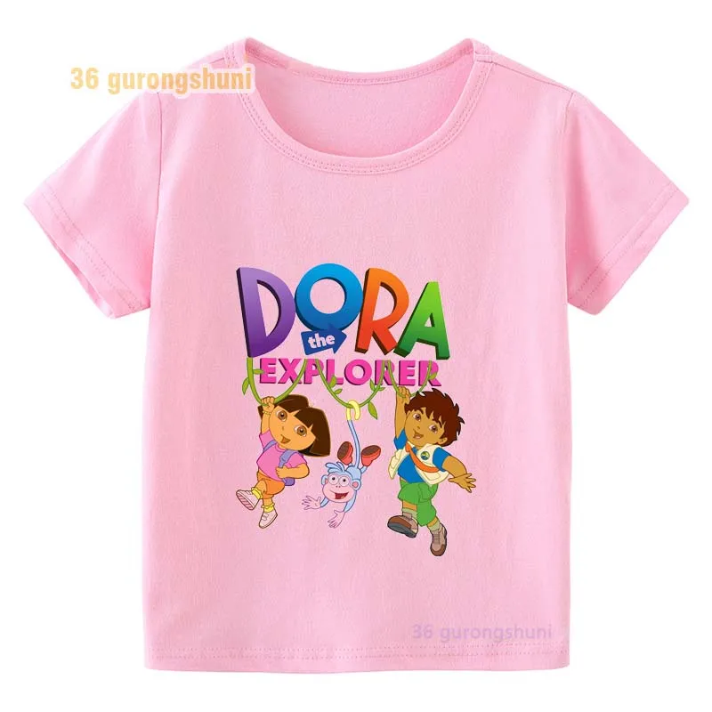 Funny Cartoon Dora T Shirt For Girls Pink Tops Graphic Tee Children clothing Kids Clothes Girl 8 To 12 Summer baby Short Sleeve