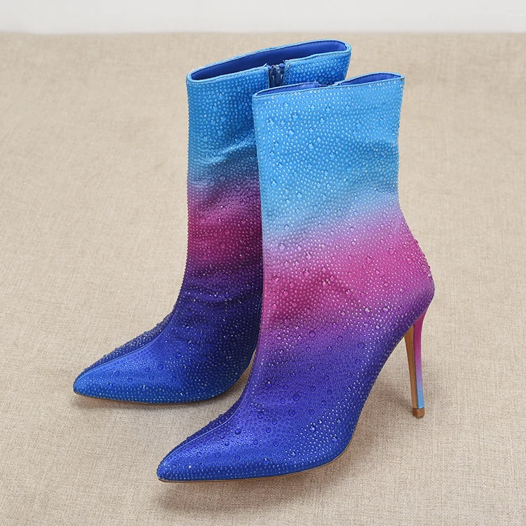 Large Size Extra Focus Handmade Drill Blue Gradient Slim High Heel Sexy Nightclub Pointed Toe Short Boots Women Fashion Boots