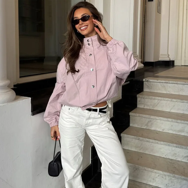 Light Pink Stand Collar Jacket Black Metal Snap Buttons Elastic Cuff Drop Shoulder Loose Fit Lightweight Spring Casual Outerwear