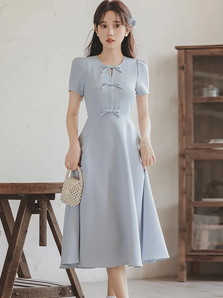 

Women Blue Chiffon Short Sleeve Casual Bow Dress Summer Fashion Chic Home Dress 2024 Korean Elegant Bodycon Party Evening Dress