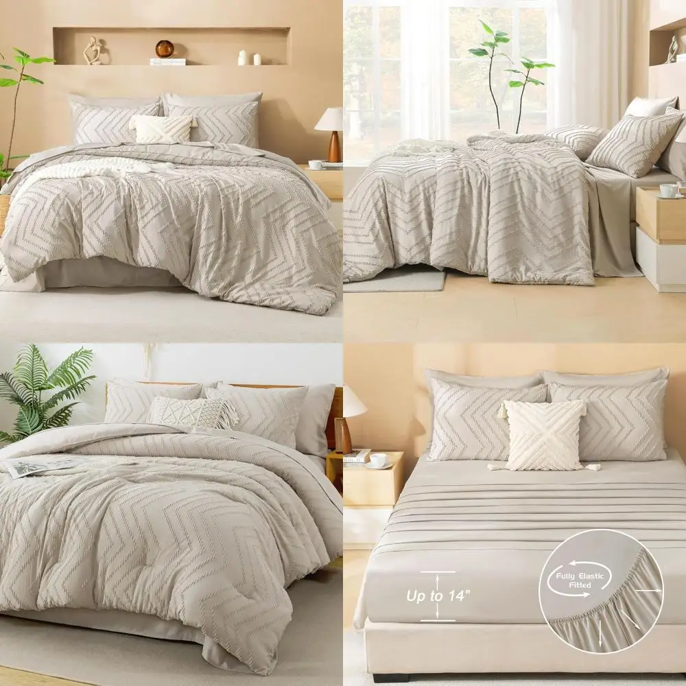 

7-Piece Beige King Boho Chevron Bedding Set with Comforter, Sheets, Pillowcases & Shams