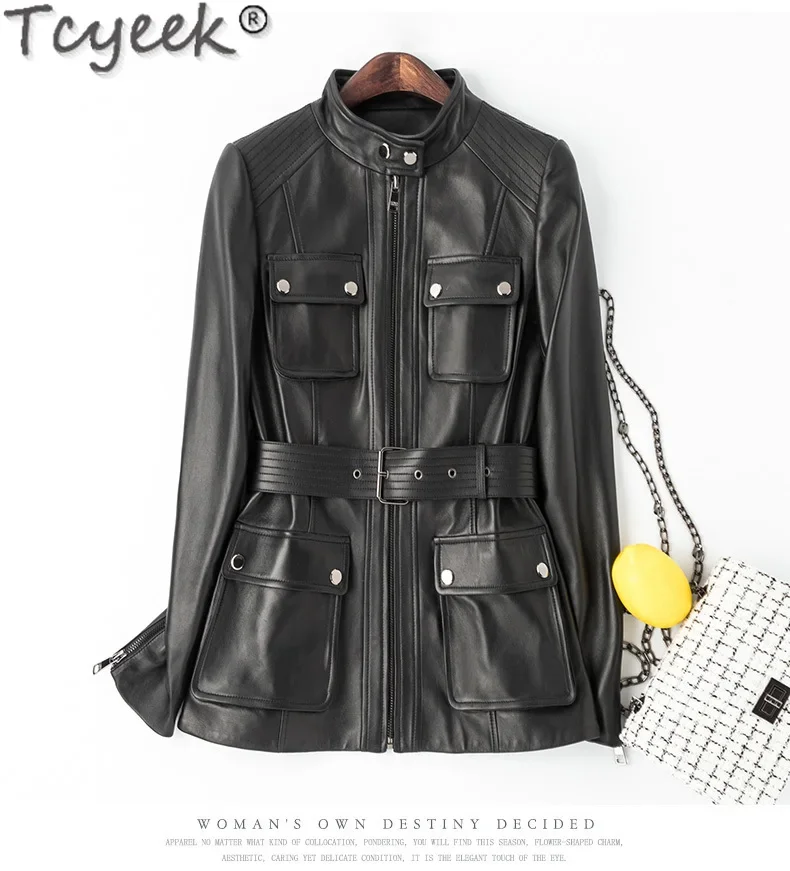 Tcyeek Genuine Leather Sheepskin Jacket 2023 Fall Winter Womne's Motocycle Jackets Korean Women Clothes Fashion Slim Coats Belt