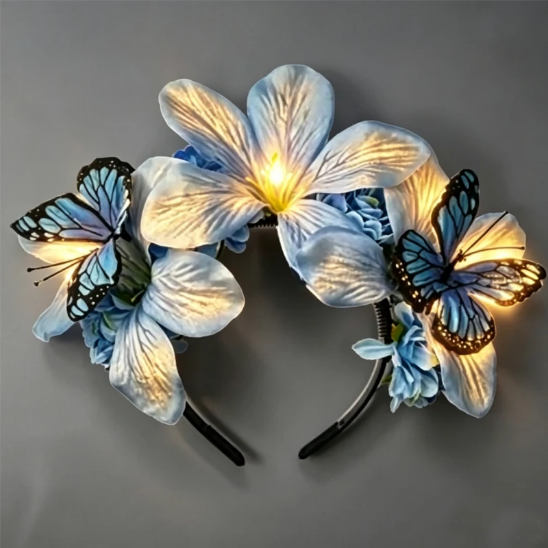 Day of The Dead GLOWING Floral Halo Crown for Women Led Light Up Lightweight Orchid Headpiece with 3D Butterfly for Costume