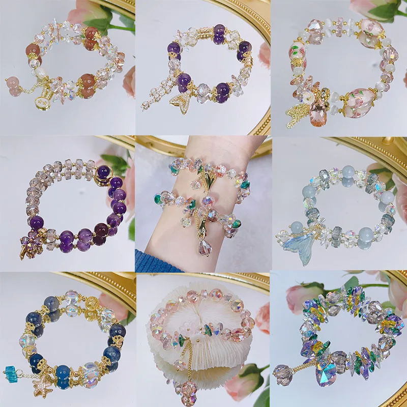 

2023 Super Shiny Crystal Bracelet Female Flower Clover Love Mori Sweet Student Girlfriends Glaze Bracelet