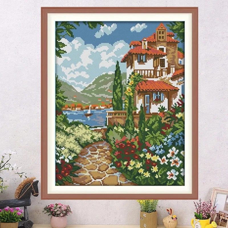 

Набор для вышивания крестиком «Средневековый пейзаж»: садовая дорожка, озеро, вилла, дом. Вышивка своими руками, декор для дома, хлопковая ткань, белый цвет.