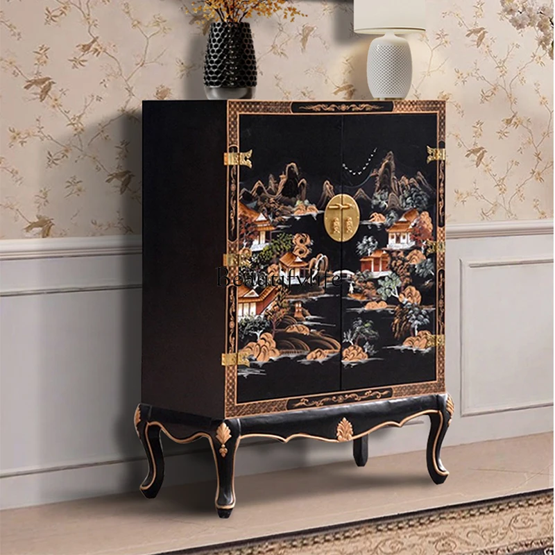 

New Chinese retro painted entrance cabinet classical decoration multi-layer shoe cabinet living room