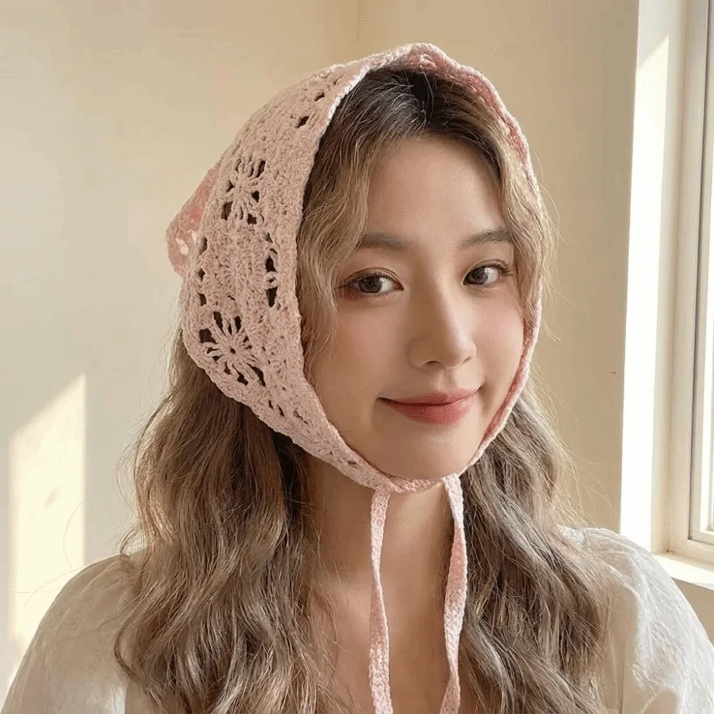 Retro French Knitted Headband Floral Pastoral Style Women Hair Scarf Handmade Bohemian Crochet Flower Bandana Beach Headwear