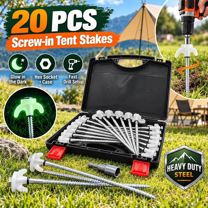 Set da 20 Picchetti per Tenda a Vite Resistenti | Teste che si illuminano al buio | Cacciavite a esagono e scatola portaoggetti inclusi