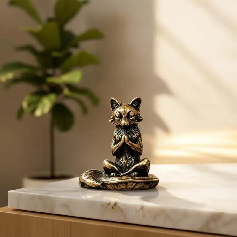 Artistic Brass Fox Statue Mini Hand Carved Copper Animal Figurine Desk Ornament for Living Room Home Decor Gift
