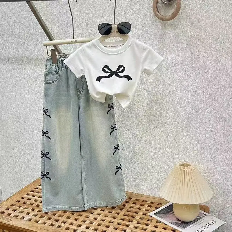 

Girls' Summer Set Children's Bow Short Sleeve T-shirt Middle and Large Children's New Korean Wide Leg Pants Two Piece Set 3-12Y