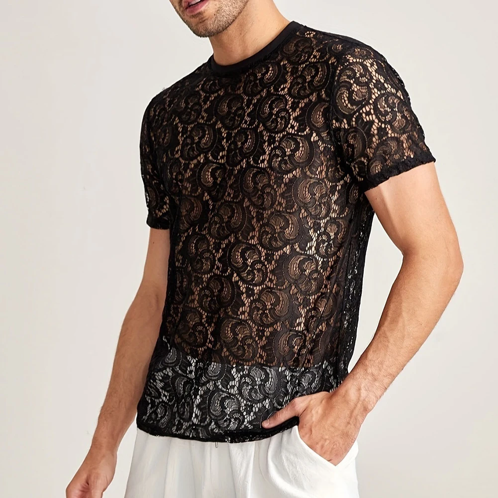 Men Summer Hollow Out Slightly Transparent Lace Short Sleeve T-shirt Fashion Top