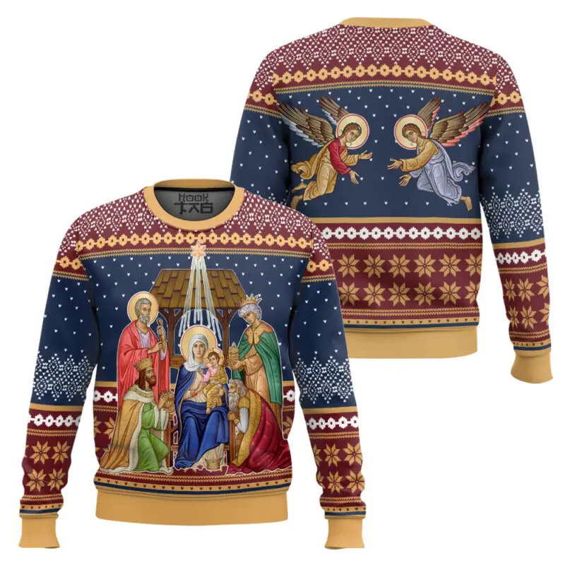 

Jesus Birth Scene Religion Christmas Ugly Sweater Religious Art Style Christmas Gift Christian Festival Dressing Round Neck
