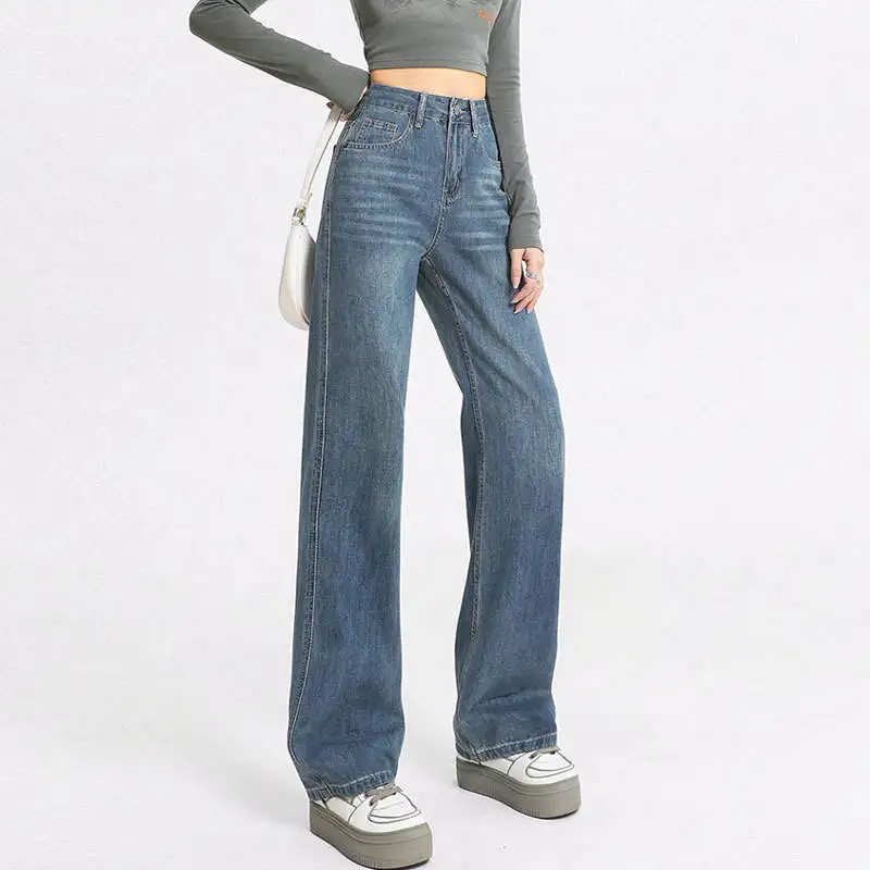 

Retro Slim Wide Leg Floor-Length Pants Pear ape Faionable High Waist Straight Cut Denim Long Trousers for Women