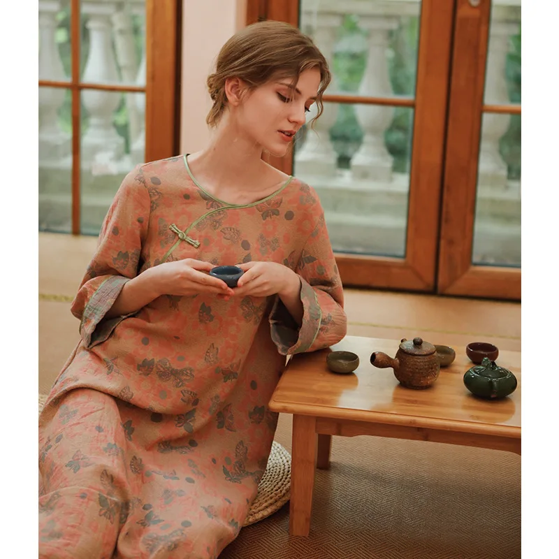 Autumn Chinese Retro Style Pajamas for Women Diagonal Buckle Cotton Jacquard Long Sleeve Dress Literary Multicolor Night Gown