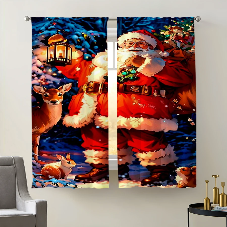 2PCS Christmas Winter Curtains, Santa Lantern Reindeer Rabbit, Digital Print, Bedroom Living Room, Home Decor Window Drapes