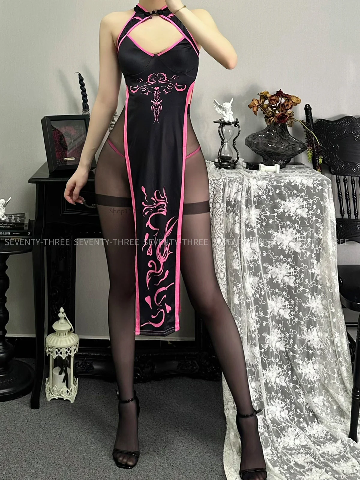 

Women Sexy Hollow Retro Cheongsam Collar Little Devil High Fork Cosplay Dress Fairy Totem Uniform Halloween Abyss Succubus Suits