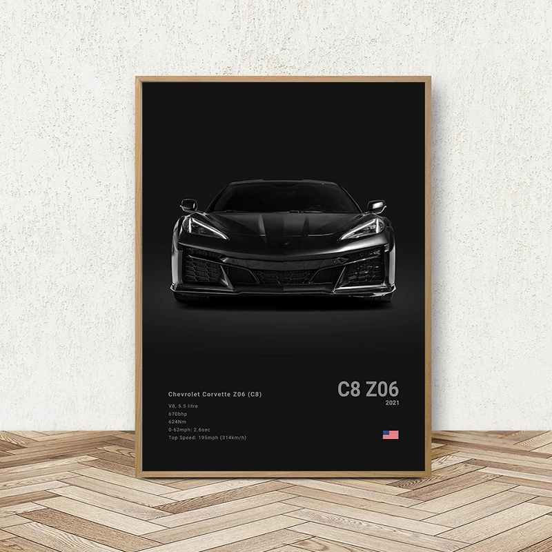 Black White Background Sports Cars Poster and Prints C6 C7 C8 427 Luxury Car Canvas Painting Wall Art Pictures Room Office