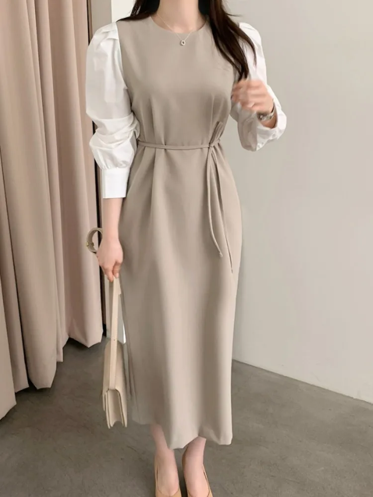 

Ele Long Bubble Sve Dr женское шикарное осеннее цветное блузка с поясом и круглым вырезом на талии, подходящее для поездок на работу