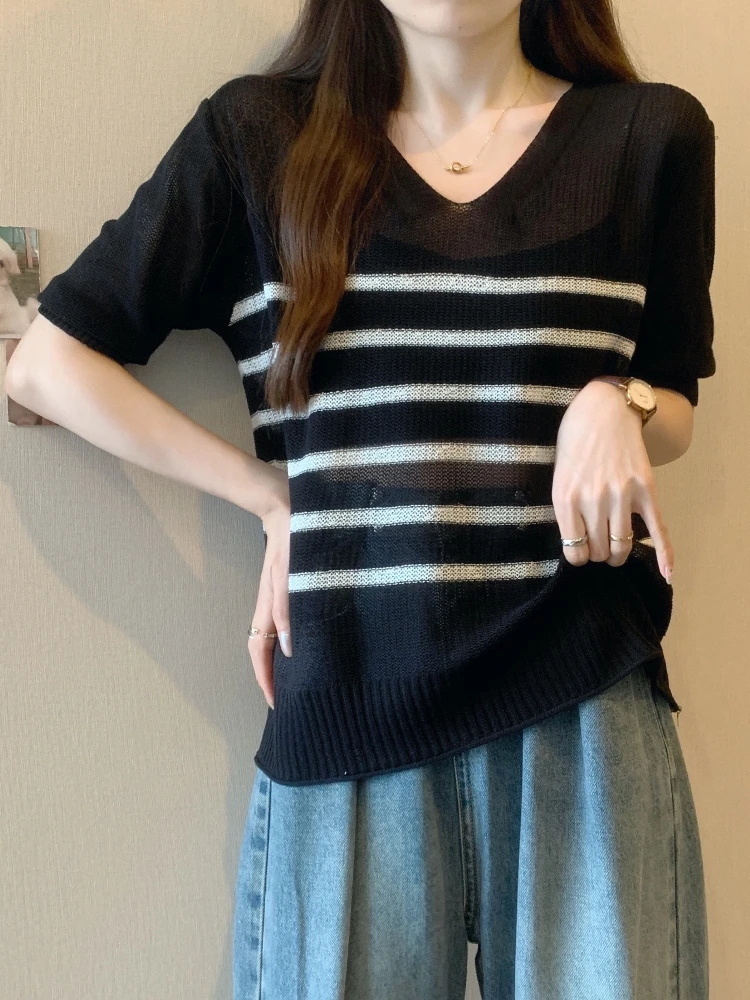 Thin Short Sleeve V-Neck Ice Silk T-Shirt Women's Summer plus Size Conceals Belly Striped Base Shirt Top Korean Style Loose Fit
