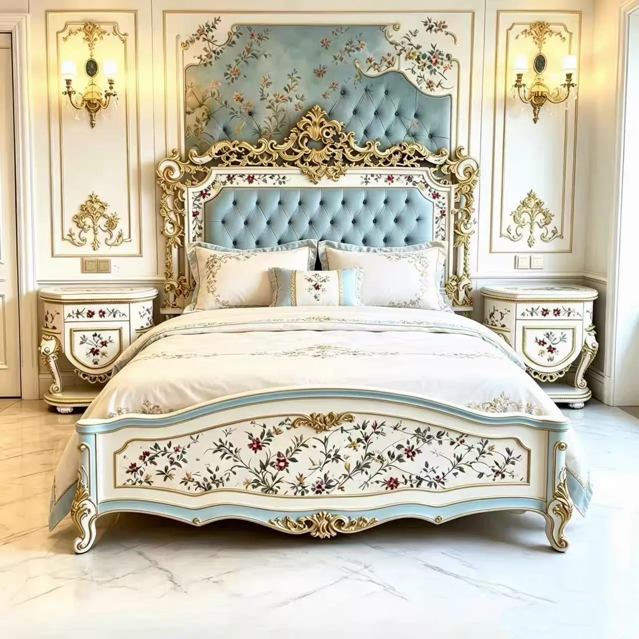 French Heavy Industry Hand-carved Solid Wood Bed Hollow Bed Villa Bedroom Home Exquisite Double Bed