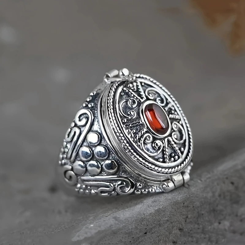 

Vintage Silver Color Red Rhinestone Openable Lid Gawu Box Adjustable Opening Ring for Men Women Anniversary Jewelry Gifts