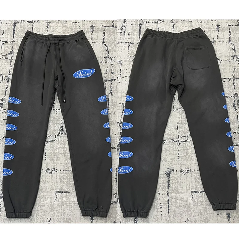 

Мужские и женские винтажные потертые черные брюки большого размера на шнурке, классические синие спортивные штаны с принтом логотипа Saint, 100% хлопок