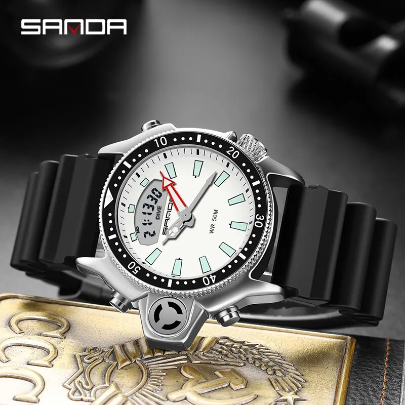SANDA 3008Sport Men Quartz Digital Watch Creative Diving Watches Men Waterproof Alarm Watch Dual Display Clock Relogio Masculino