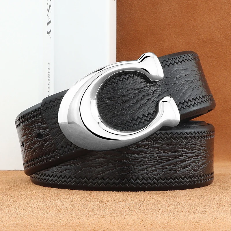 High quality Top cow genuine leather designer belts men letter C slide buckle Waistband young male jeans cintos masculinos