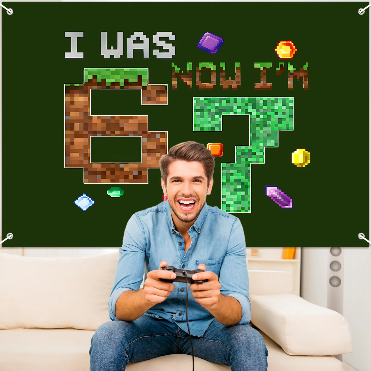 67 Pixel Themen-Geburtstagsparty Fotohintergrund-Dekoration 'Ich bin jetzt 7' Kinder-Spielthema Feier-Dekoration – Detail 4