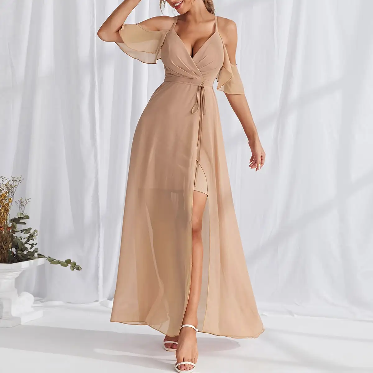 Uni thorse Cold Shoulder Wrap Saum Gürtel Maxi Ballkleid