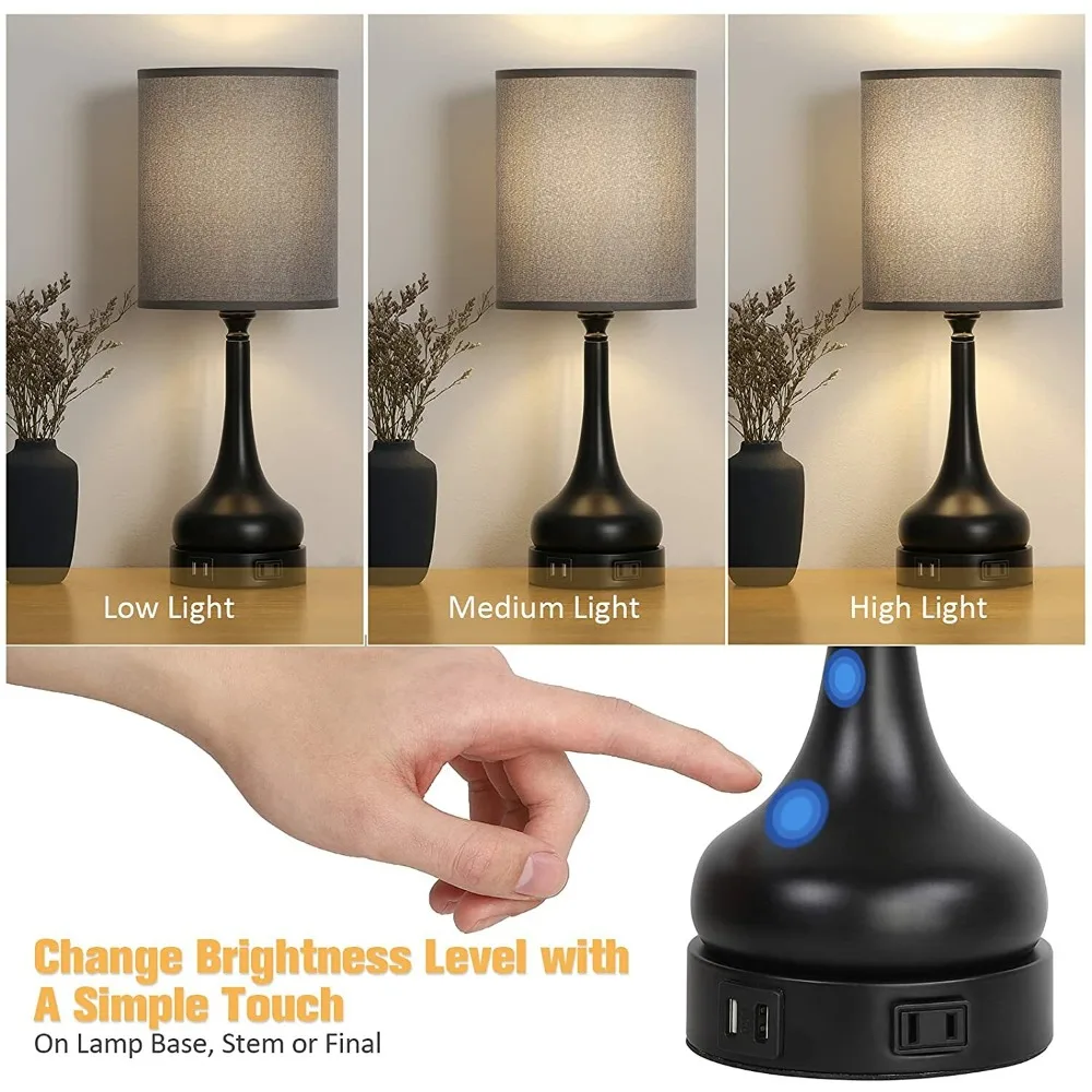 2 حزمة من مصباح السرير الذي يعمل باللمس لغرفة النوم، 2 منافذ USB + 2 منافذ تيار متردد