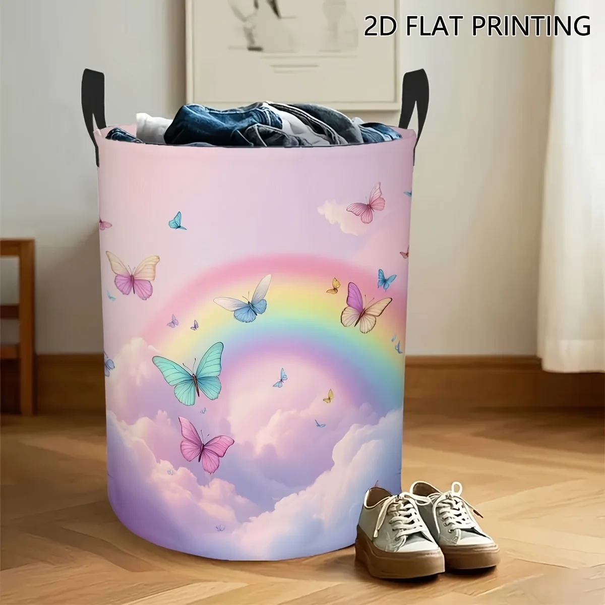 Butterfly Rainbow Cloud Storage Basket with Handle Large Round Foldable Storage Bin with Sturdy Handle Suitable for Home