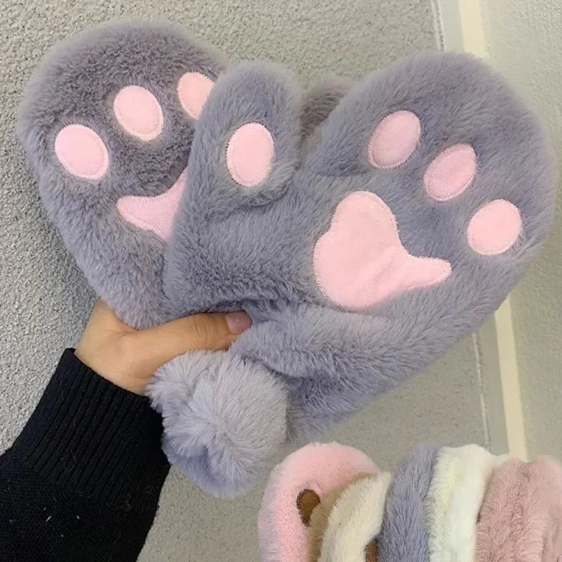 Girls Cute Cat Paw Soft Plush Gloves Winter Thick Warm Hand Glove Women Korean Rabbit Fur Full Finger Casual Riding Mittens