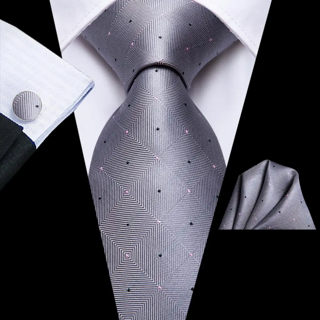 Grey Plaid Dot Silk Wedding Tie For Men Handky Cufflink Gift Mens Necktie Set Fashion Design Business Party Dropshiping Hi-Tie