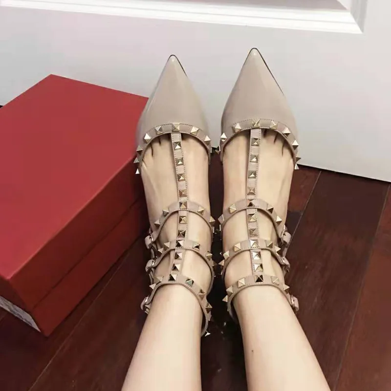 Sandales de gladiateur à talons en cuir véritable pour femmes, chaussures à rivets, escarpins pointus Parker, chaussures élégantes, marque de luxe