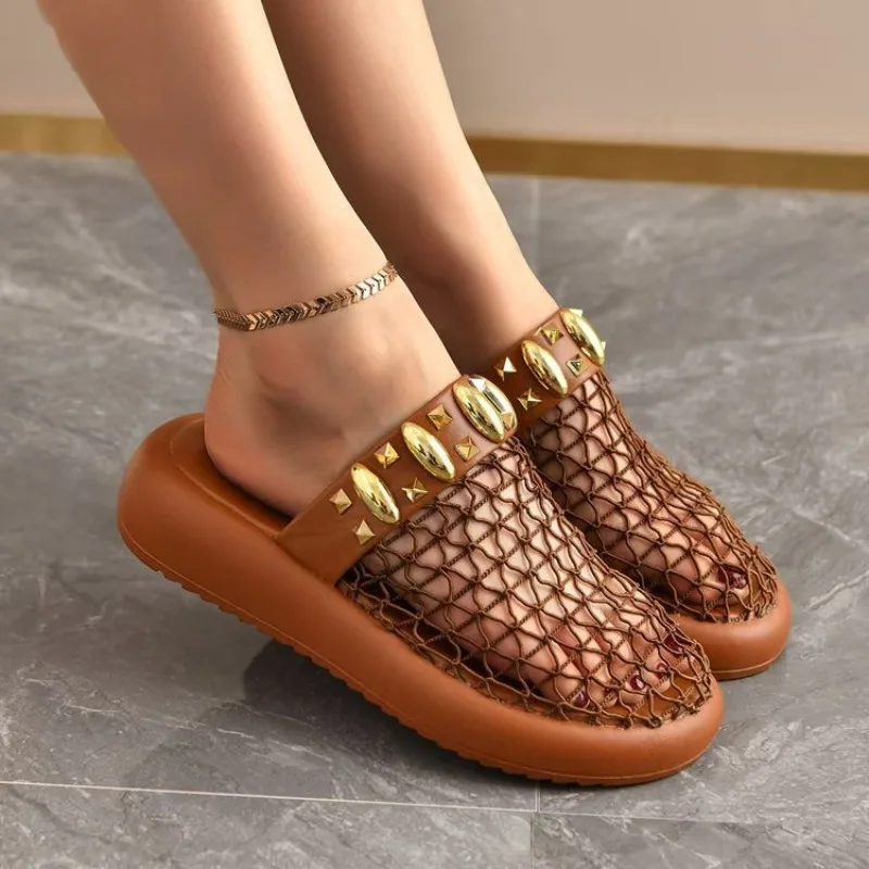 

2026 Hot Seller Summer New Mesh Hollow Breathable Baotou Half Slippers for Women Thick Bottom Roman Sponge Cake Cool Slippers