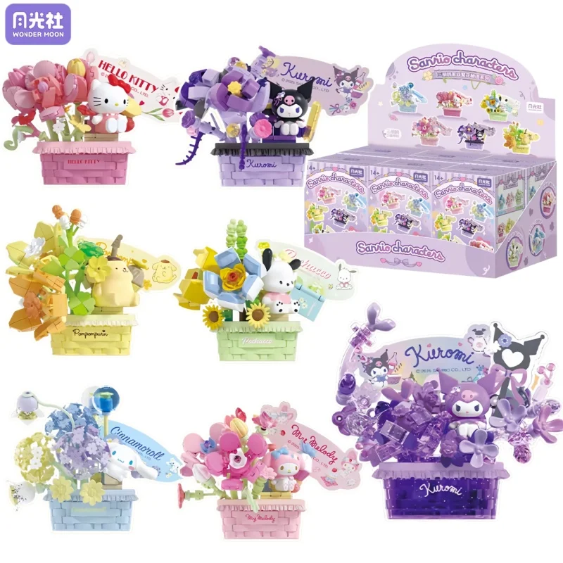 

Конструктор Sanrio: Корзина с цветами Hello Kitty, аниме-фигурки Куроми, детская сборная игрушка, модель My Melody, украшение, подарок