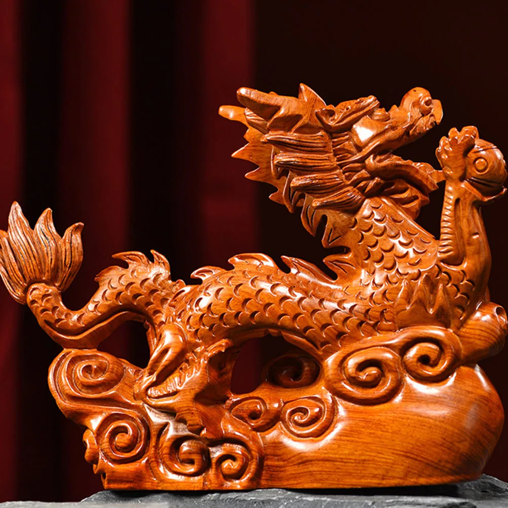 

Wood Dragon Statue 12cm H Carved Decorative Figurine Chinese Style Home Office Living Room Table Decor Art Piece dragon