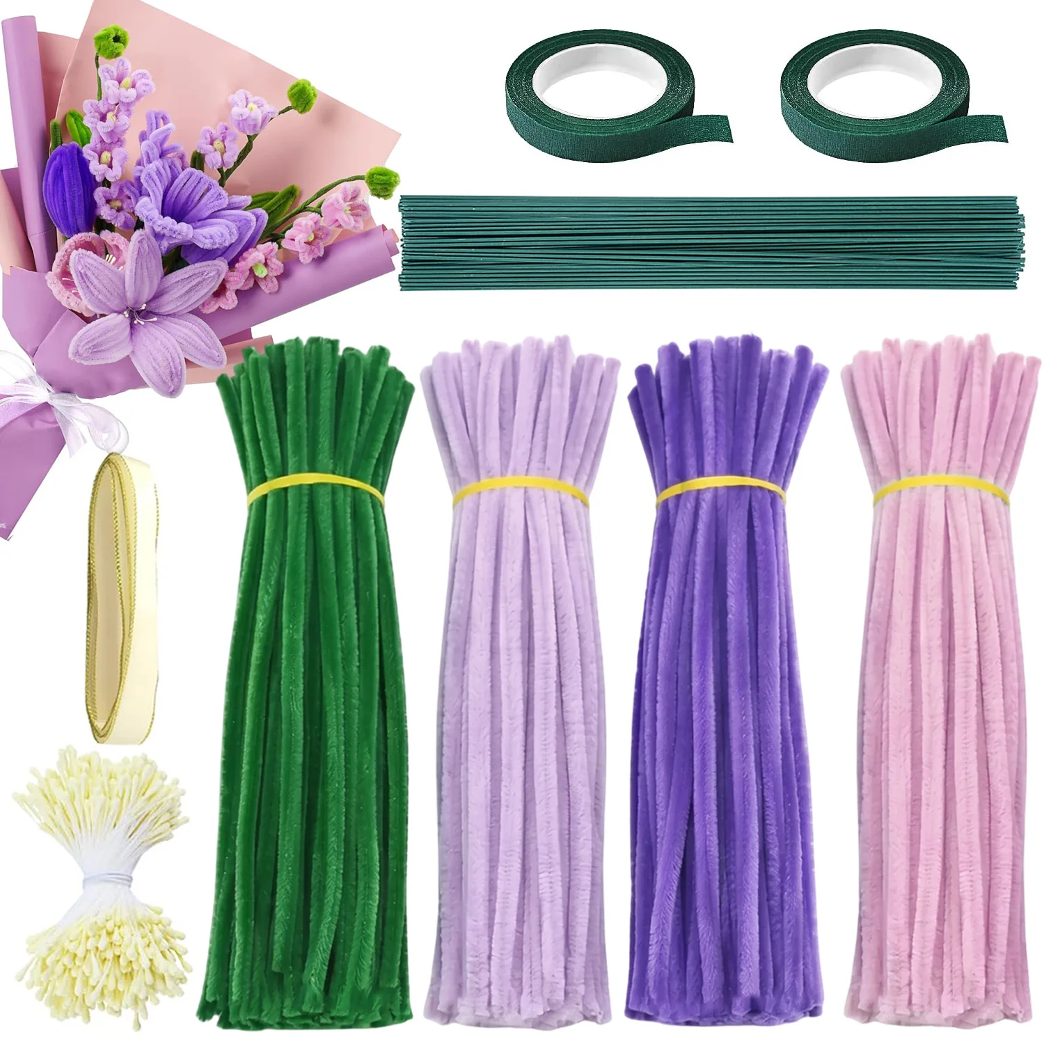 400 Stück Pfeifenreiniger für Bastelarbeiten, 3 verschiedene Farben, Pfeifenreiniger für DIY-Blumenherstellung, Set mit Blumendraht, grünen Stielen, Bändern, Schleifenband