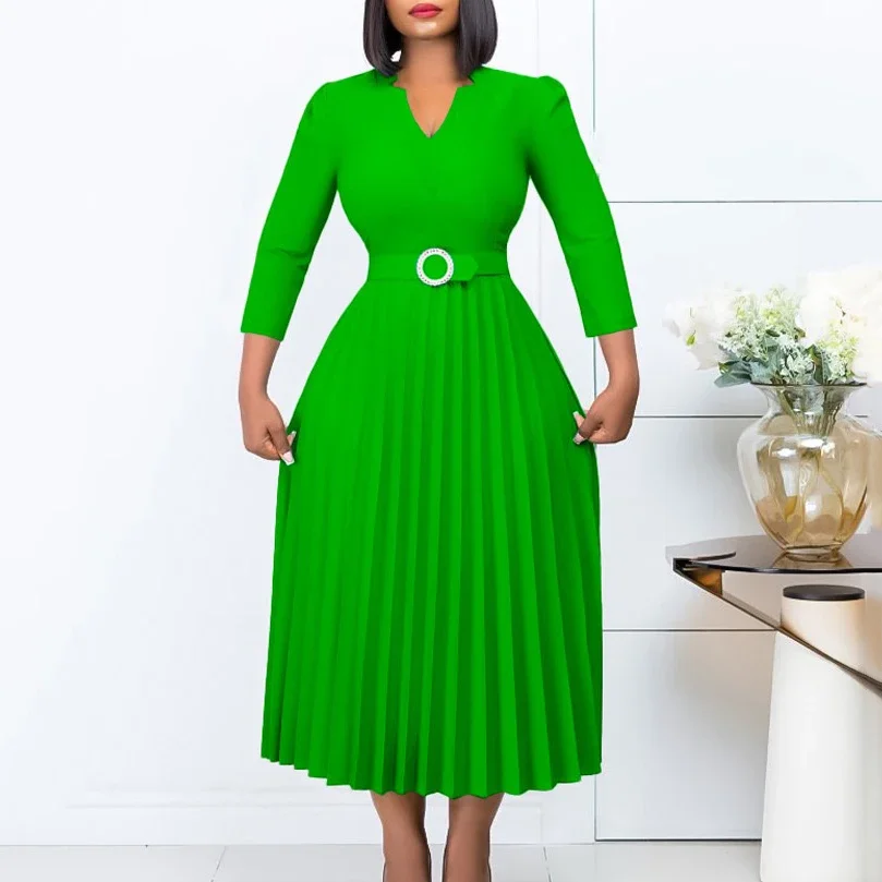 

Office Dresses for Women V Neck Full Sleeve Belt Waisted Pleated Mid Calf Elegant Female Business Work Wear Dress Midi Cloth New