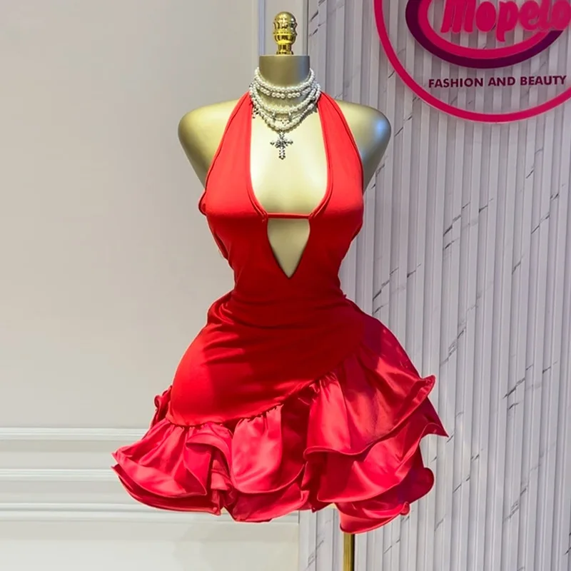 Women Sleevelss Halter V-neck Ruffles Ball Gown Smock A-line Mini Midi Dress 2025 Summer Vacation Holiday Party Dresses