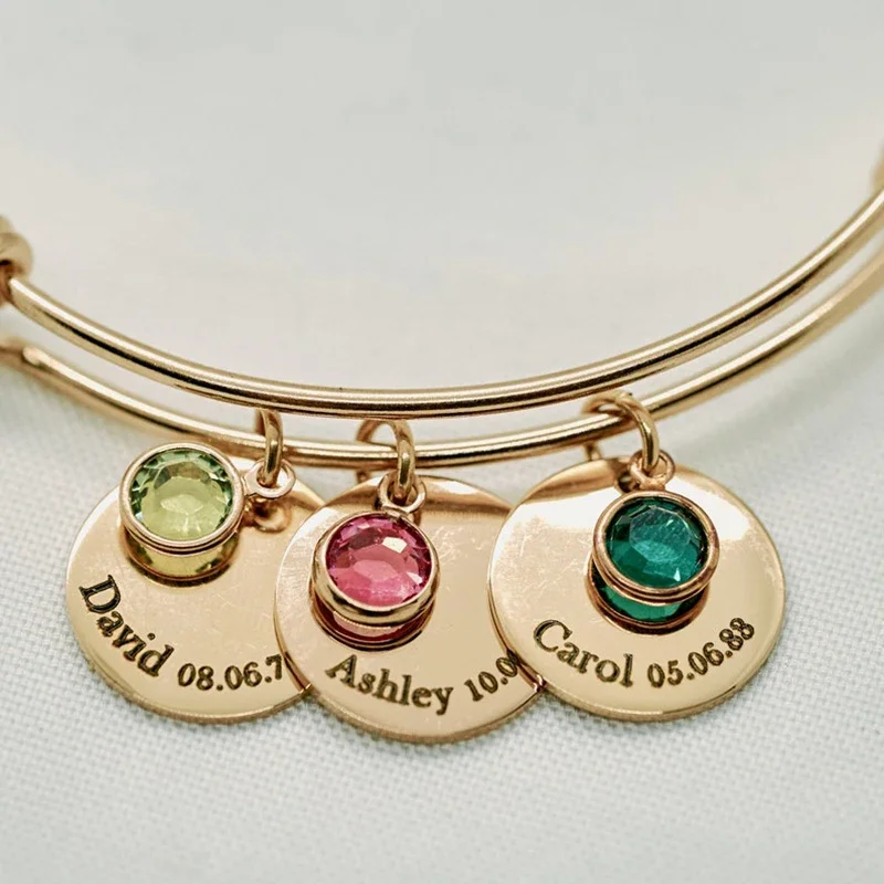 Brazaletes de nombre de grabado personalizado, pulsera de dijes redondos de acero inoxidable, dijes de piedra natal, joyería, regalos de cumpleaños, pulseras de pareja