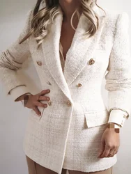 Lady Solid Color Double Breasted Button Up Coat Beige Tweed Women Blazer Jacket New Office Casual Girls Streetwear Jacket Women