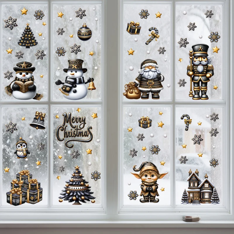 

European Classical Retro Christmas Electrostatic Window Sticker Black gold Series Light Luxury Holiday Sticker Self-Adhesive